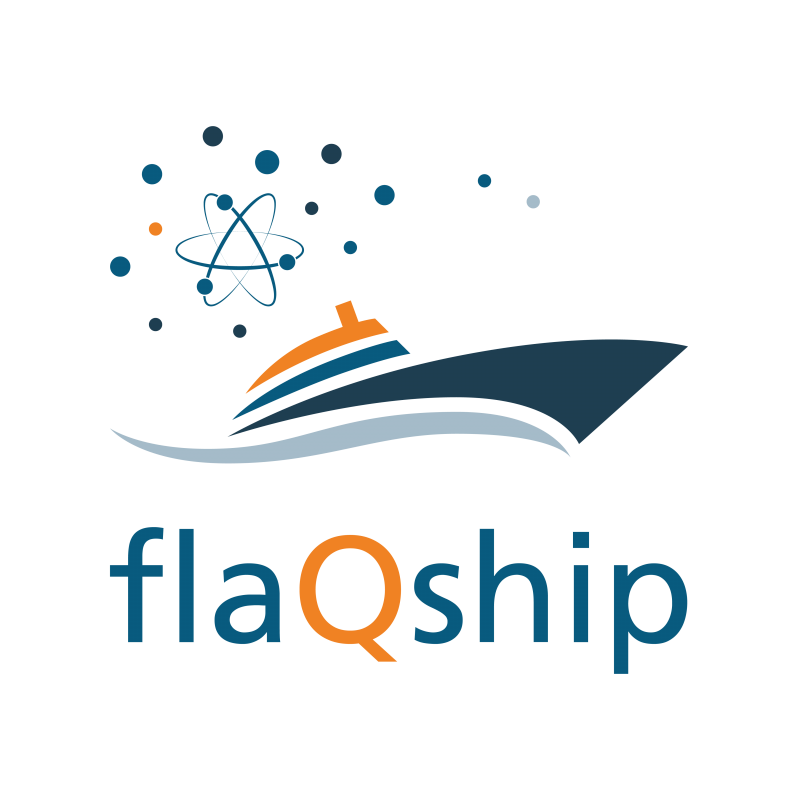 Ein Schiff in dunkelblau und orange, das auf einer Welle in orange segelt. Darunter der Schriftzug flaQship, über dem Schiff eine schwebendes Atom